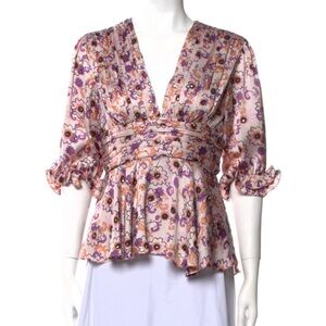 Alexis Prema Floral Satin Blouse size M v neck floral pleated and sequin accent